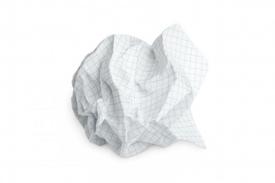 Crumpled graph paper ball representing error, mistake, frustration, and discarded document, transparent background