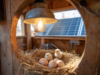 Fluffy Yellow Chicks in Straw Nest with Eggs under Warm Light Bulb inside Wooden Coop with Solar Panels in Background Showing Alternative Energy in Farming