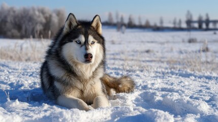 Husky dog relaxing on snow in winter landscape
