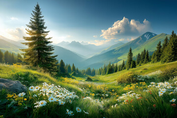 Scenic Mountain Landscape with Wildflower Meadow Evergreen Trees and Misty Peaks under Warm Sunlight in Serene Natural Setting