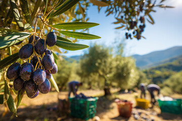 Ripe Purple Olives on Branch with Harvest Workers Collecting Fruit in Olive Grove under Clear Blue Sky and Mountain Landscape Background