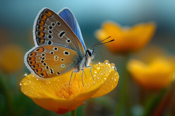 Close Up of Butterfly with Patterned Wings Perched on Yellow Flower with Water Droplets in Natural Outdoor Setting Highlighting Beauty of Nature