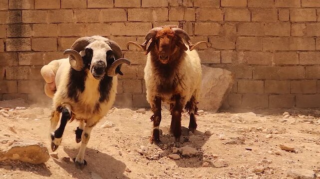 Dominant ram, driven by high testosterone, prepares to clash horns, but rival male withdraws, recognizing superior strength. Leader sheep behavior shows power, hierarchy, and deterrence. Documentary.