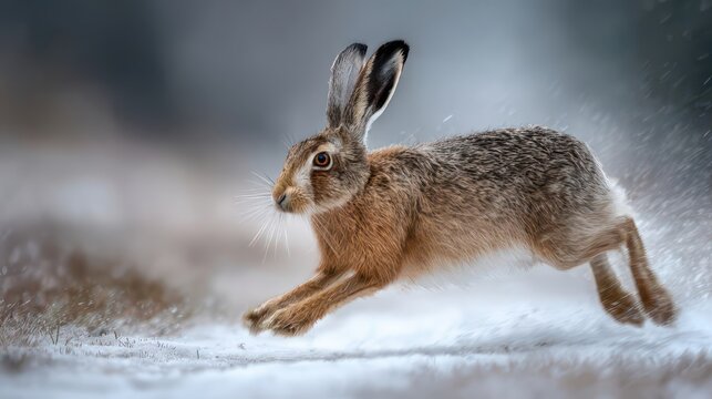 European hare running fast on snowy field during snowfall