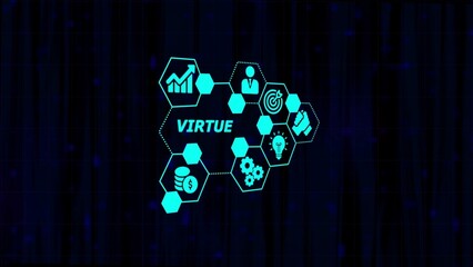 Digital Network of Business Icons and the word VIRTUE on a dark blue background connection technology