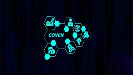 Hexagonal Network of Business Icons and the word COVEN on a dark digital background strategy success