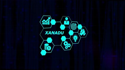Digital Network of Business Icons and the Word XANADU on a Dark Blue Textured Background technology