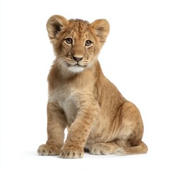 Obraz premium Adorable lion cub sits poised, looking ahead with an air of curiosity. The image captures the innocence and charm of a young lion