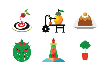 Whimsical diverse objects and creatures flat illustrations