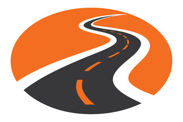 Winding Road with Orange Dashes Within a Circular Orange Background Design Element