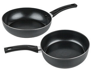 Two non-stick frying pans with black surfaces and ergonomic handles