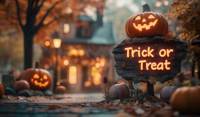 A wooden sign with glowing text trick or treat surrounded by Halloween pumpkins in a quaint town decorated for the holiday with orange lights