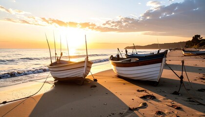 Two weathered fishing boats rest on a sandy beach at sunrise, bathed in warm golden light.