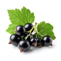 A close-up image of a cluster of juicy blackcurrants with green leaves. The photo is isolated on a simple background, focusing on the freshness and natural beauty of the fruit.