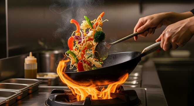In 4k, a chef tosses stir-fried vegetables in a wok over flames, creating dynamic movement in a professional stainless-steel kitchen environment.
