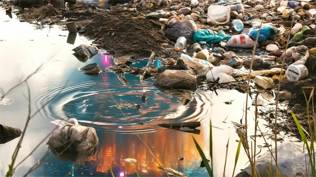 Plastic and Glass Garbage Polluting a Natural River Bank