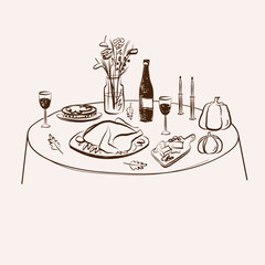 Sketch of table set with tablecloth and food on isolated background. Hand drawn fall dinner for Thanksgiving, autumn holidays, wedding, event. Vector illustration. Design for card, print, flyer, card