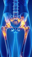 Posterior view of a human skeletal system highlighting inflamed hip and leg joints