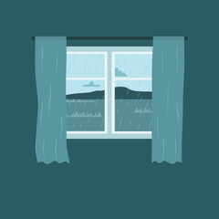 Illustration of window with curtains on mountain view when monsoon season