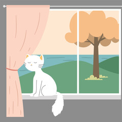 Illustration of window with curtains on lake view
