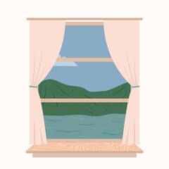 Illustration showing a window with brown wooden frame and pink curtains