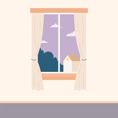 Illustration of a landscape View from a Window with curtains