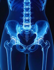 Posterior view of a female pelvis and lower spine, rendered in translucent blue