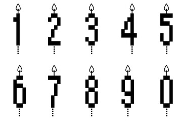 Birthday candle number set. Pixelated birthday candles with burning flames. Vector illustration.