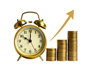 Golden alarm clock and ascending gold coins represent time is money