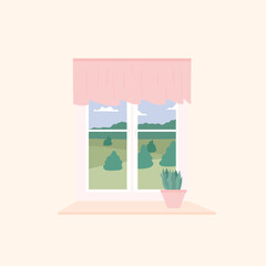 Illustration of window with curtains on hill view