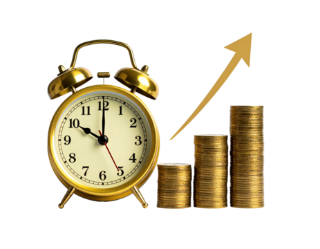 Golden alarm clock and ascending gold coins represent time is money