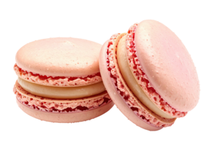 Close up of two light pink sandwich cookies filled with a pale cream