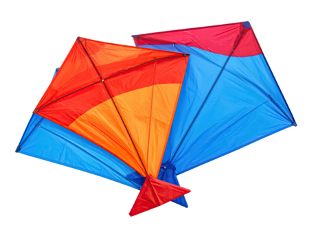 Two colorful kites, red, orange, and blue, against a solid black background