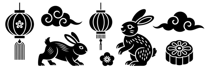 Rabbits, Chinese lanterns, mooncake, clouds, and flower in black silhouette style, Mid-Autumn Festival vectors for moon celebration, harvest, Asian autumn, and cultural designs