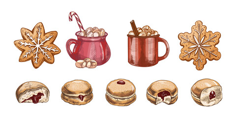 Hand drawn vintage sketch of holiday gingerbread, hot cocoa with marshmallow and jelly donut in colored version
