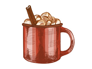 Hand drawn vintage sketch of red mug with hot chocolate, marshmallows and cinnamon stick, color version, vector illustration