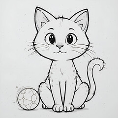 Obraz premium Outline of cartoon cat sitting with a ball, simple black-and-white line art.