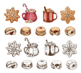 Hand drawn vintage sketch of Christmas gingerbread, hot cocoa with marshmallow and jelly donut in color and monochrome