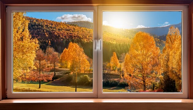 Modern Window Framing Vibrant Late Autumn Landscape With Bright Light