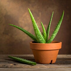 Potted aloe vera plant on rustic wood surface, a leaf rests beside it