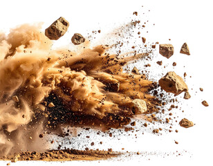 An explosion of brown sand and rocks against a black background, creating dynamic energy