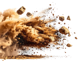 An explosion of brown sand and rocks against a black background, creating dynamic energy