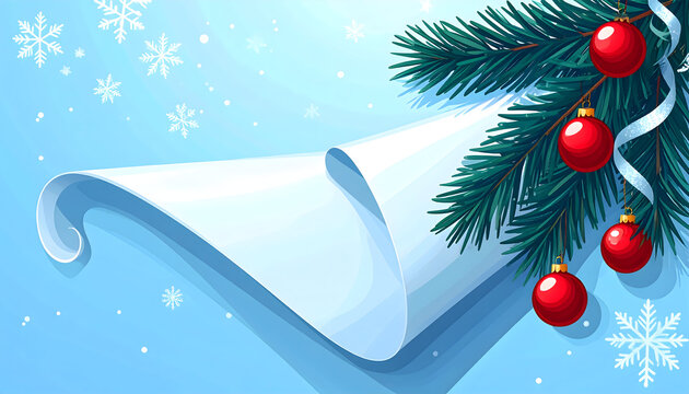 Christmas background with fir branches, red baubles and blank paper sheet