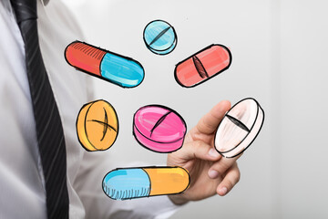 Diverse colorful pills and capsules hover above a hand, symbolizing healthcare choices.