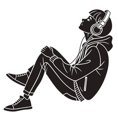 Black and white vector silhouette of person listening to music with headphones