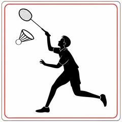 Black silhouette of a badminton player hitting a shuttlecock
