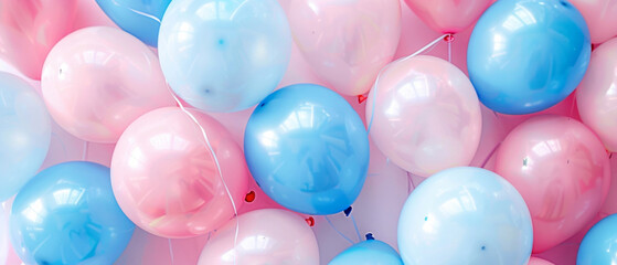 Pink and blue balloons create a festive atmosphere, suitable for decorating invitations and advertising holidays.