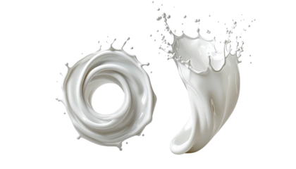 Two variations of creamy liquid splashes arranged side by side, one forming a smooth flowing wave and the other a sharp jagged splash burst,, cutout look, professional stock s (2)