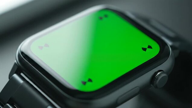 Close-up of a black smartwatch with a green screen and four black tracking dots on a dark background