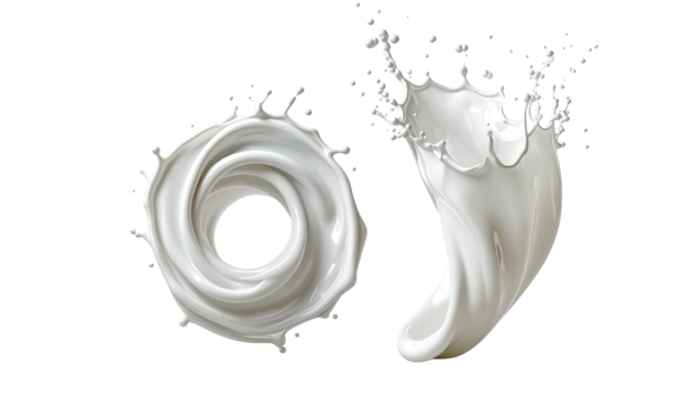Two variations of creamy liquid splashes arranged side by side, one forming a smooth flowing wave and the other a sharp jagged splash burst,, cutout look, professional stock s (2)